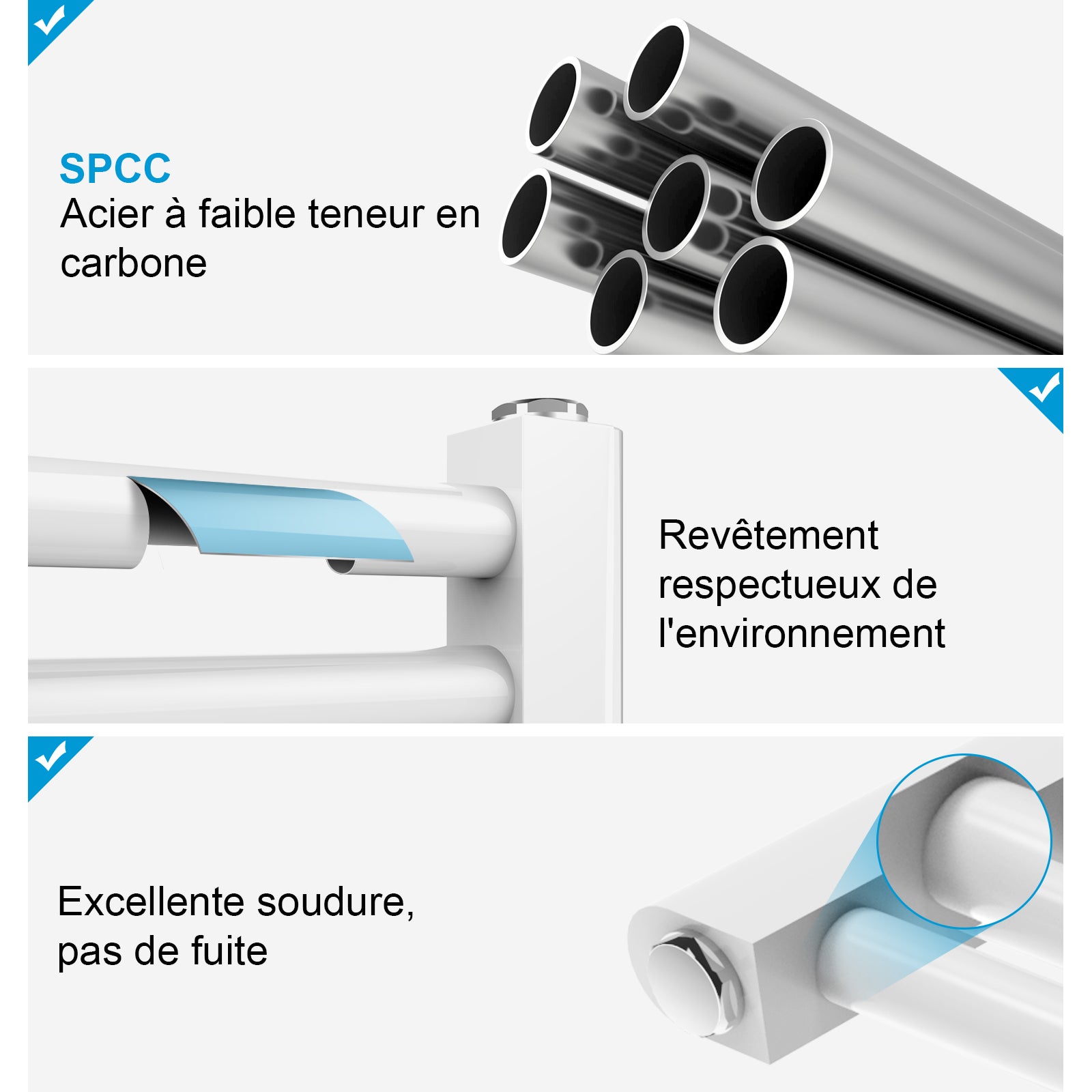 Heilmetz Sèche-serviettes eau chaude 100x60cm Blanc – Radiateur mural tubulaire droit, 498W pour chauffage central - 3
