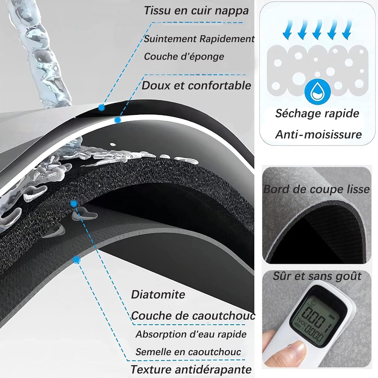 (Gris, 60 * 90) Tapis de Bain Antidérapant Super Absorbant Diatomite Tapis Salle de Bain Microfibre Tapis de Baignoire Tapis de Douche Doux Séchage - 4