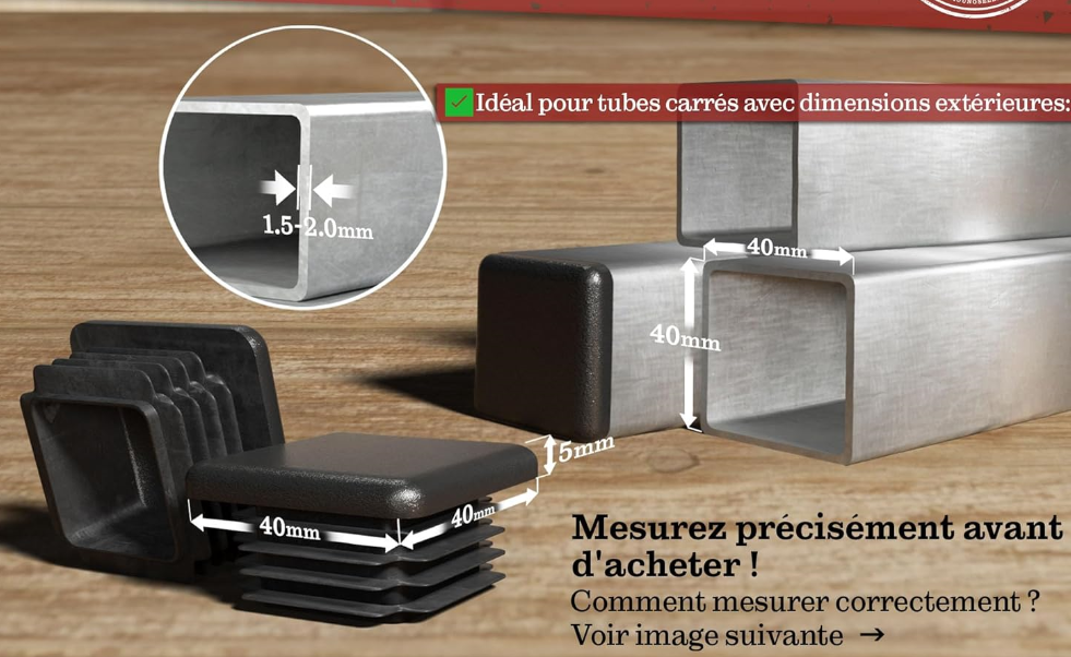 24 Tappi Quadrati 40mm Per Tubi – Antiscivolo E Protettivi Per Gambe Di Sedie, Tavoli E Scaffali