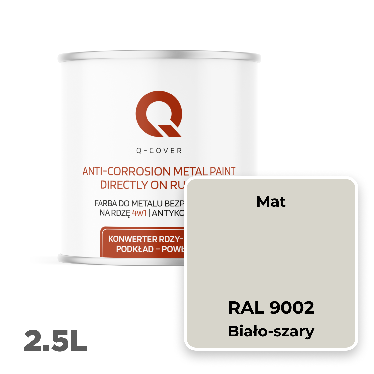Farba do Metalu Prosto na Rdzę 4w1 Q-Cover Biało-szary RAL9002 Mat 2.5L - 2