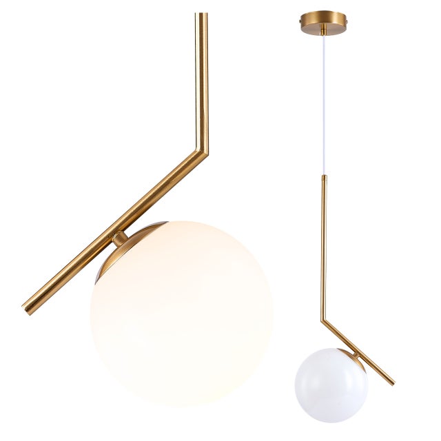 Lampa sufitowa wisząca E27 ozdobna Biały klosz Szklana kula z regulowanym przewodem Złoty metal pręt pionowy - LEDHOFF