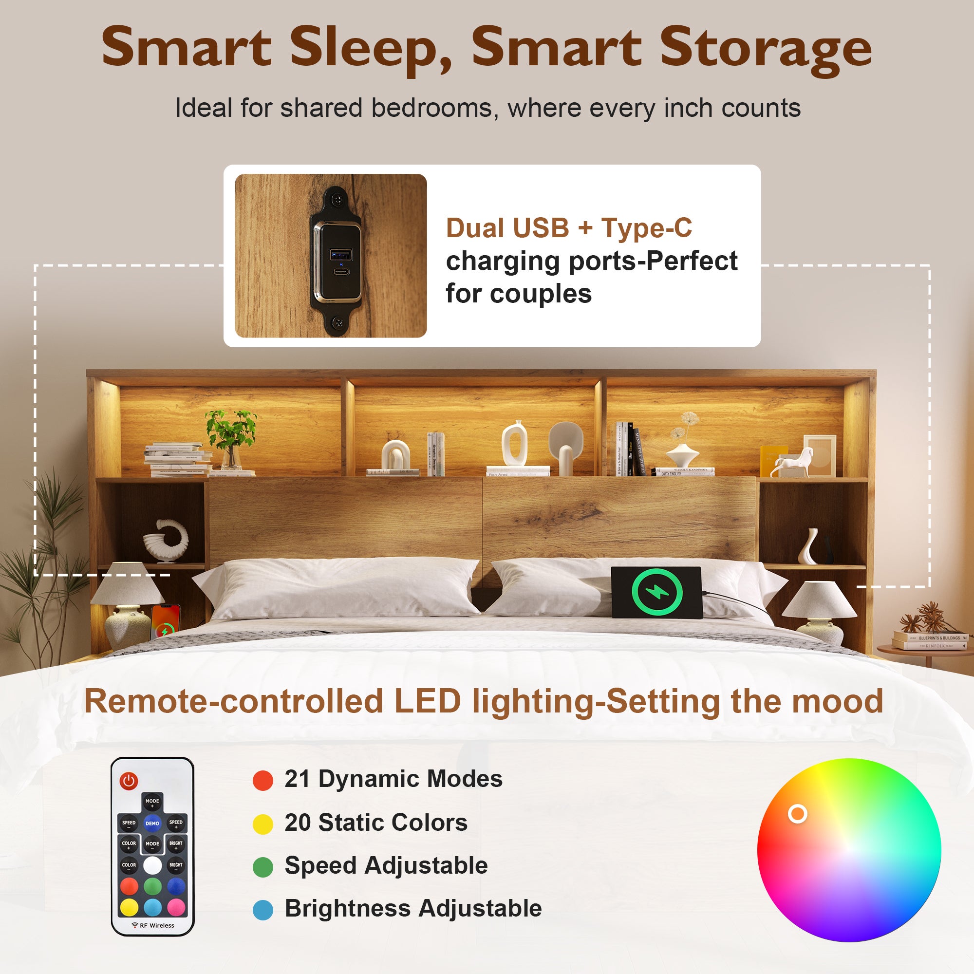 Lit 160x200 cm avec rangement hydraulique,Lit double en bois avec LED et port USB,avec table de chevet,sommier à lattes, Couleur Chêne(Sans matelas) - 7