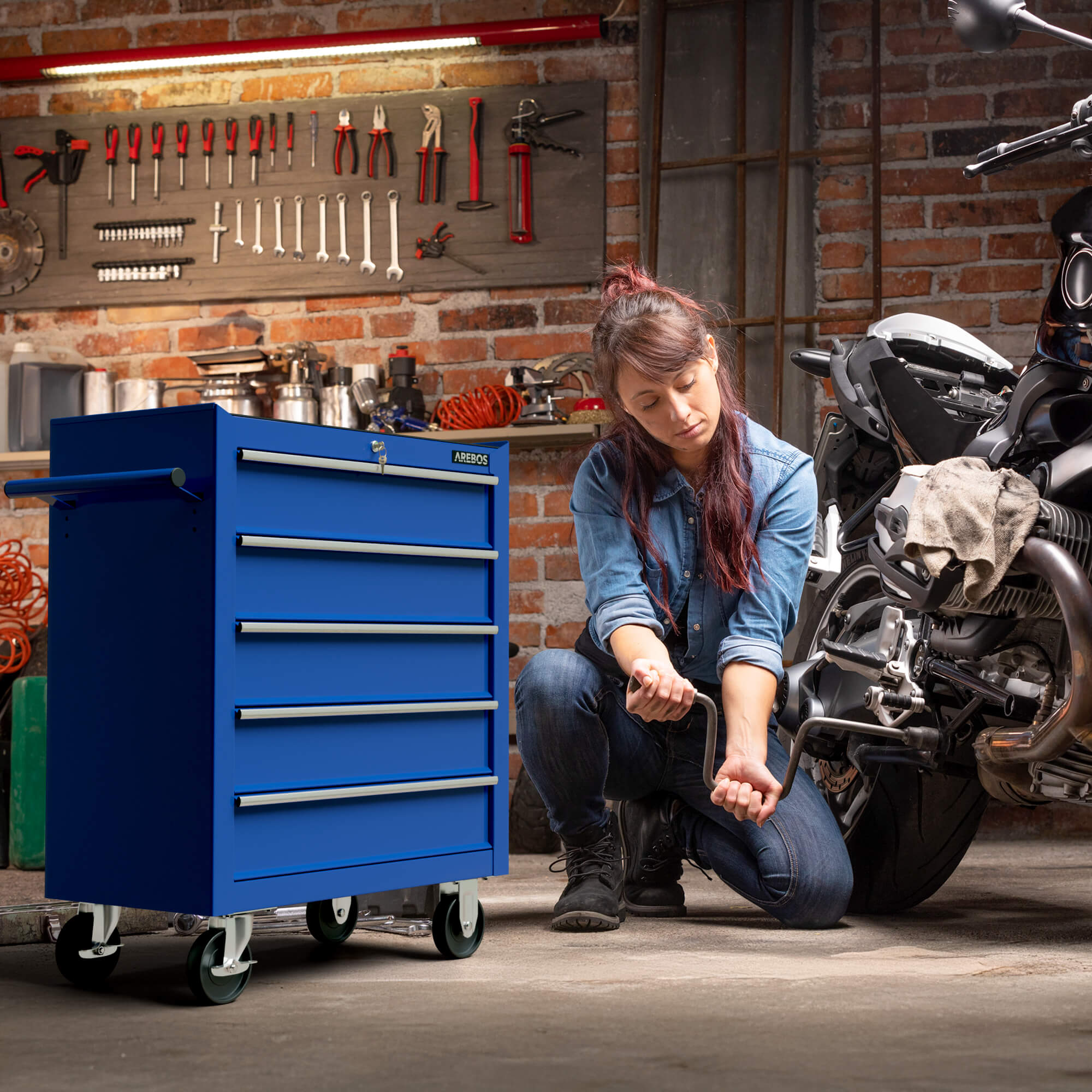 AREBOS Chariot à outils avec 5 tiroirs | Acier robuste et résistant aux rayures Glissières à billes, tapis antidérapants - 2