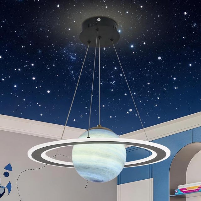 Lustre en verre créatif planète chambre d’enfants décoration espace lampe suspendue tricolore bleu clair