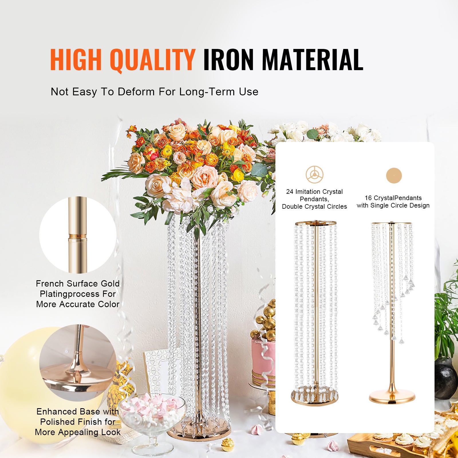 10PCS Support Fleurs de Mariage VEVOR 90 cm Porte-fleurs en Cristal Centre de Table Mariage Luxueux Vase Métal Doré Présentoir Floral pour Réception - 3