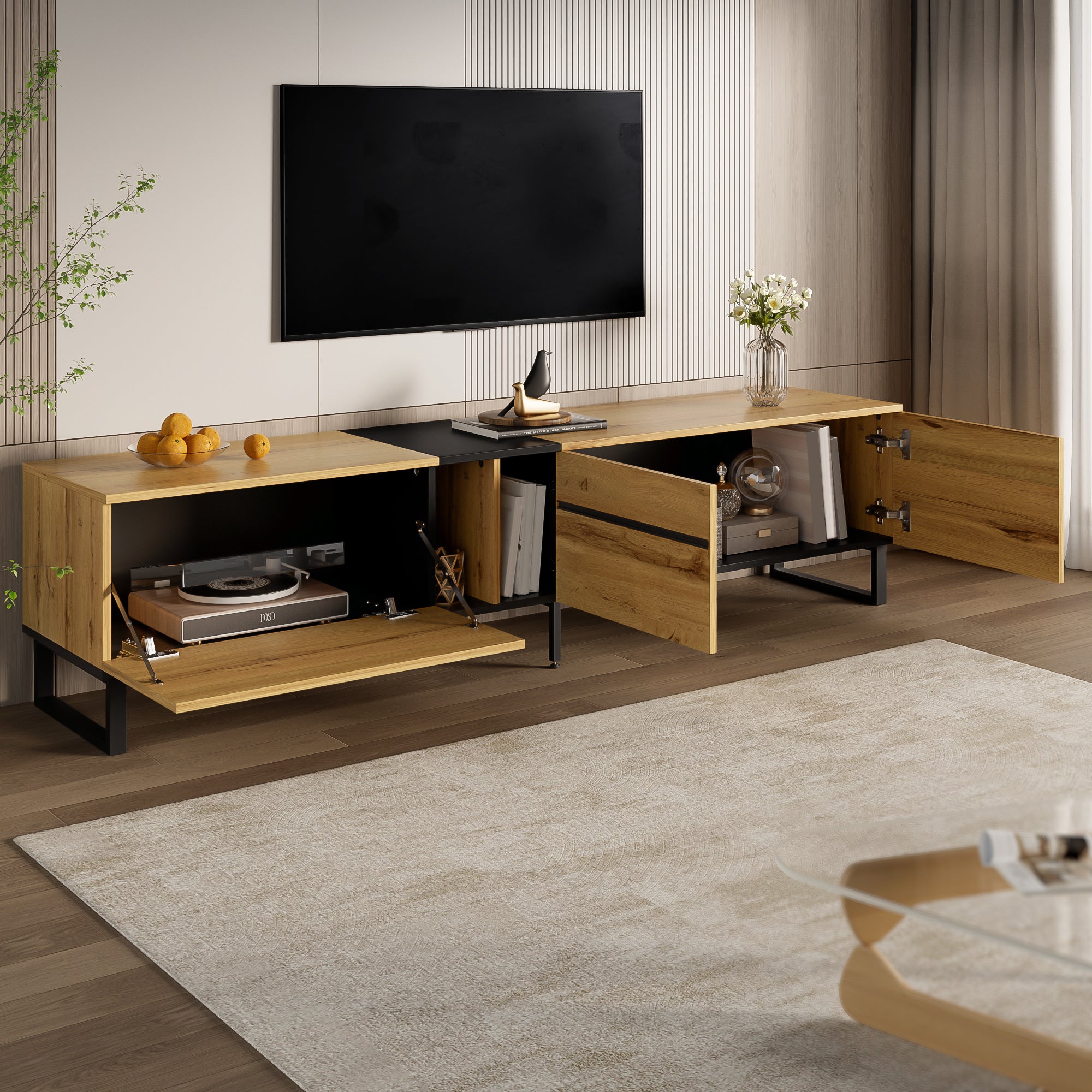 Stolik pod TV z 3 drzwiami i 2 półkami - 180 x 38 x 45 cm - Płyta wiórowa - Kolor drewna - 6