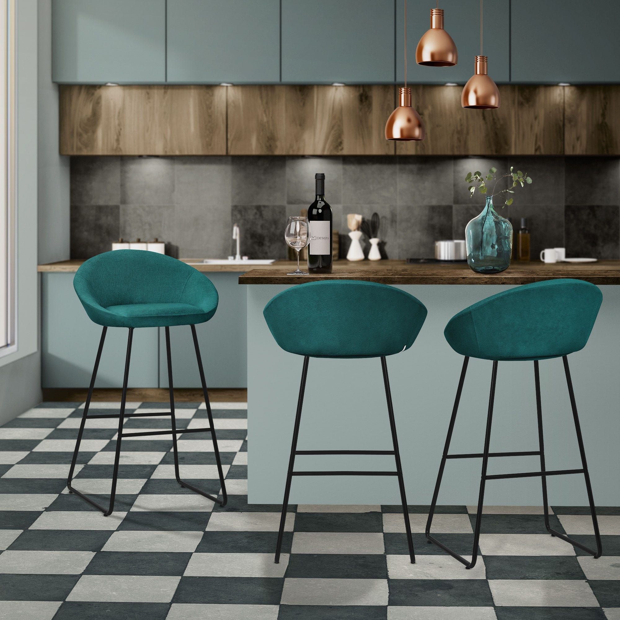 Set di 4 sgabelli da bancone in velluto, sedie moderne da cucina a isola, con gambe in metallo dorato e schienali bassi, altezza 65 cm Set di 4 sgabelli da bancone in velluto, sedie moderne da cucina a isola, con gambe in metallo dorato e schienali bassi, altezza 65 cm