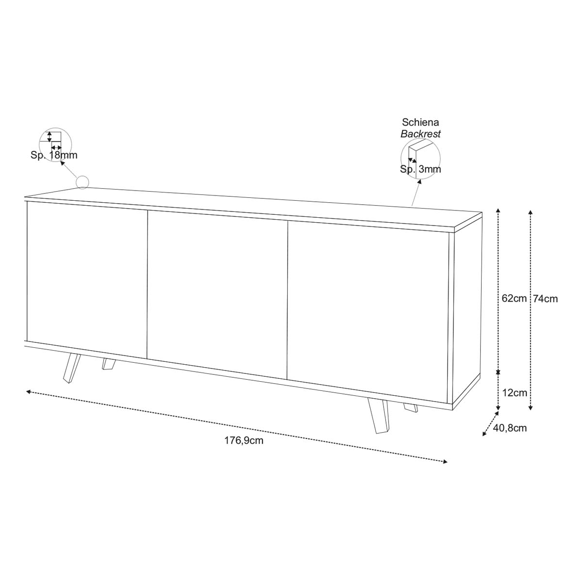 Sarmog Buffet 3 portes ouverture push-pull 177x41x74 cm Collection Quadrante blanc oxyde et façade Blanc Brillant - 9