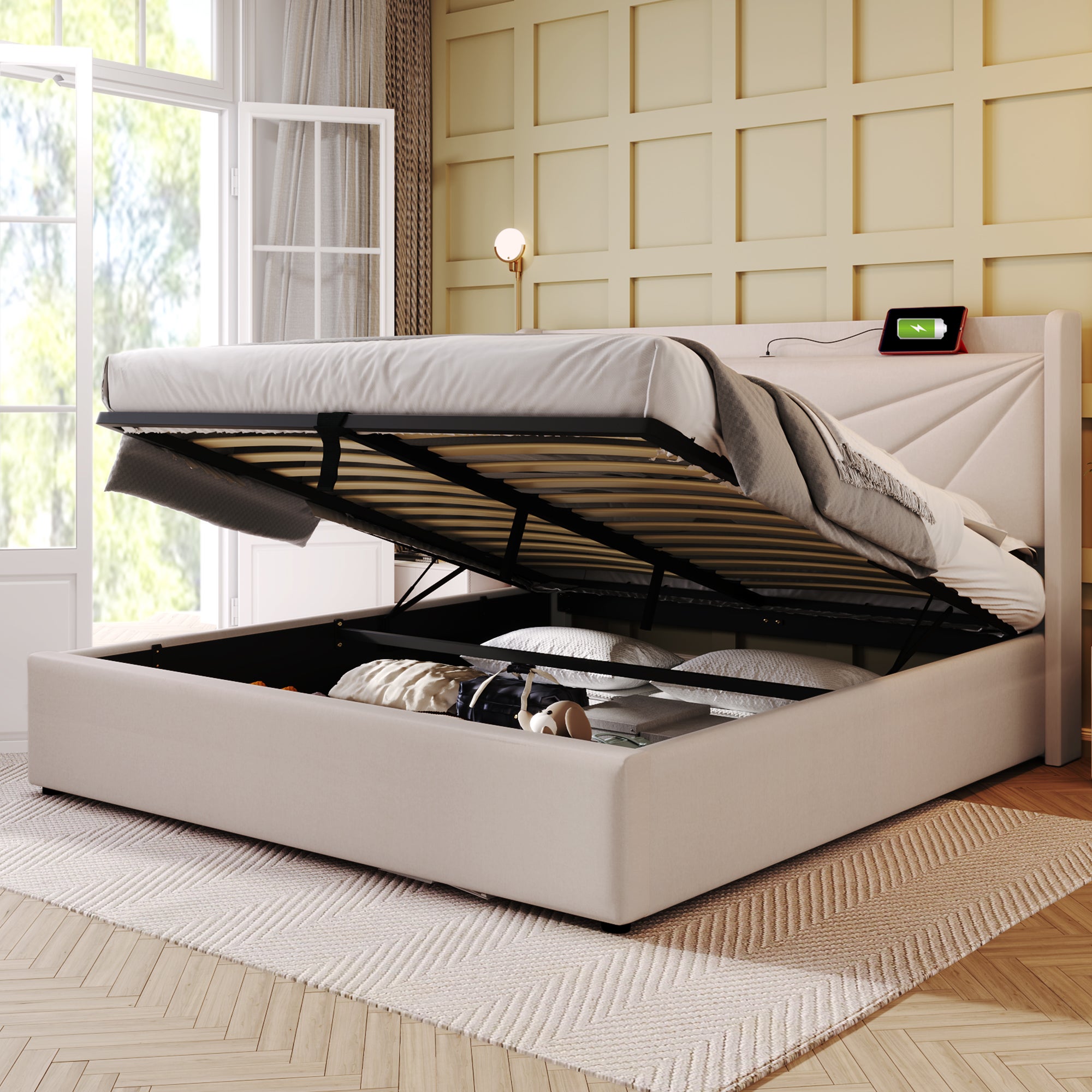 Lit rembourré 180x200, double boîte de rangement avec fonction de chargement USB type C, cadre en lin (sans matelas) - 2
