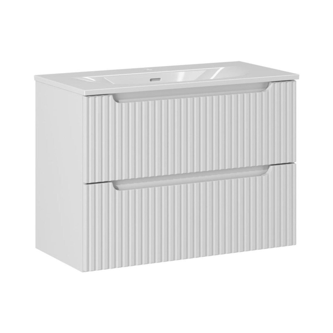 Conjunto de baño suspendido vano blanco 80cm: mueble bajo lavabo con cajones ranurados + lavabo empotrado blanco