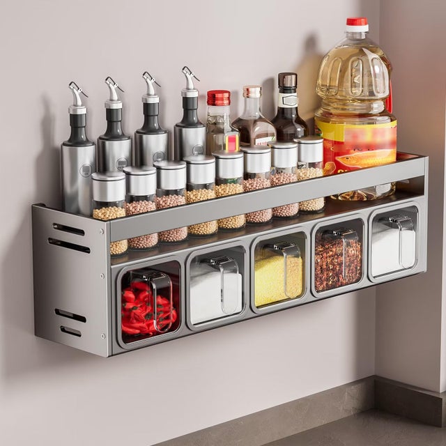 Étagère à épices double couche sans perforation, étagère murale, étagère de rangement, adaptée aux salles de bains, cuisines (5 compartiments)