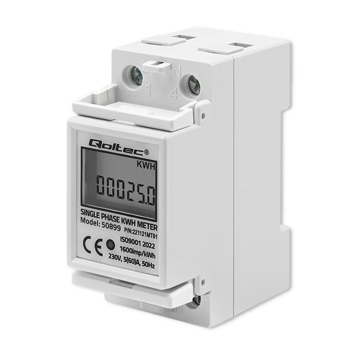 Medidor eletrônico de consumo de energia monofásico Qoltec 50899 | 230V | LCD | 2P | Trilho DIN - 9