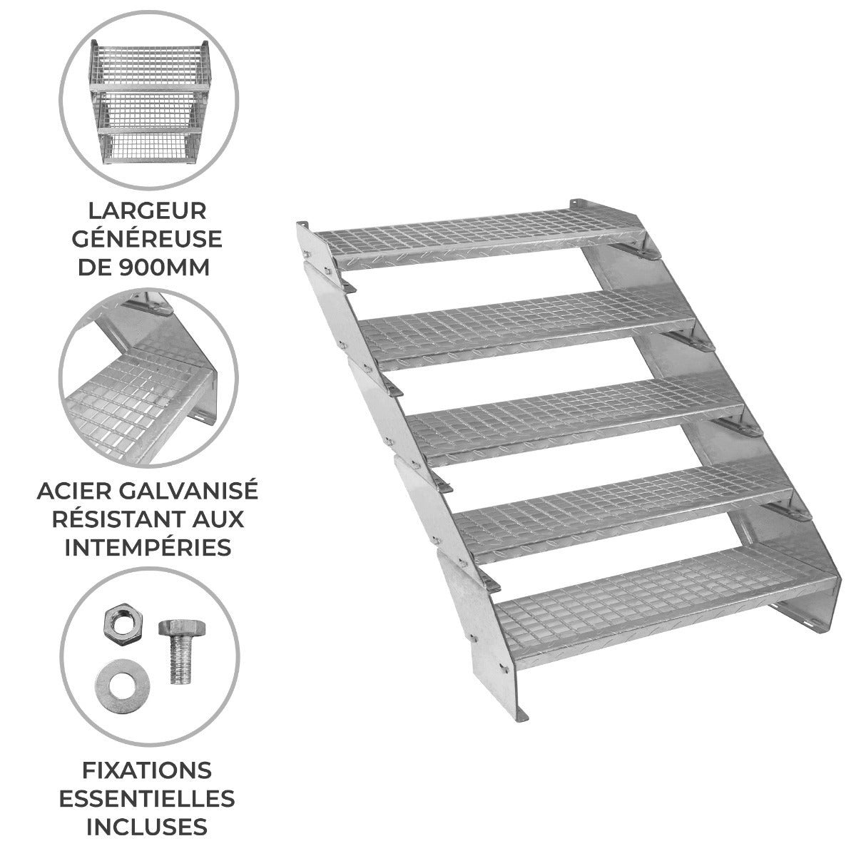 Scala in metallo a 5 elementi regolabile in altezza 90 cm / 900 mm di larghezza Acciaio zincato argento 5 gradini - 2