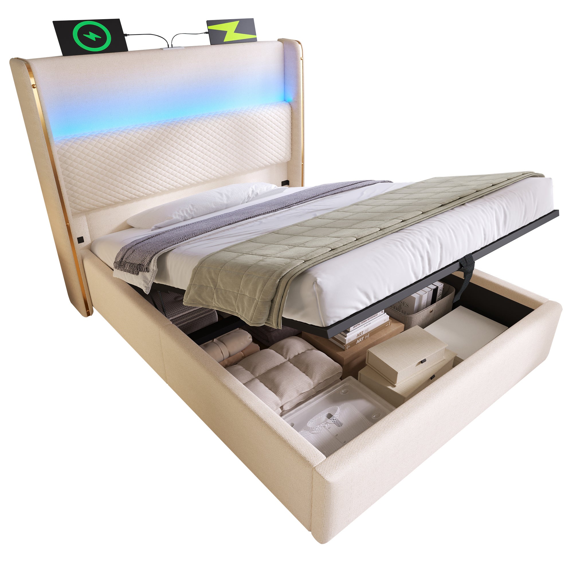 Łóżko tapicerowane 90x200cm, łóżko pojedyncze z oświetleniem LED, schowkiem i portami USB/Type-C, len, beż, bez materaca - 5