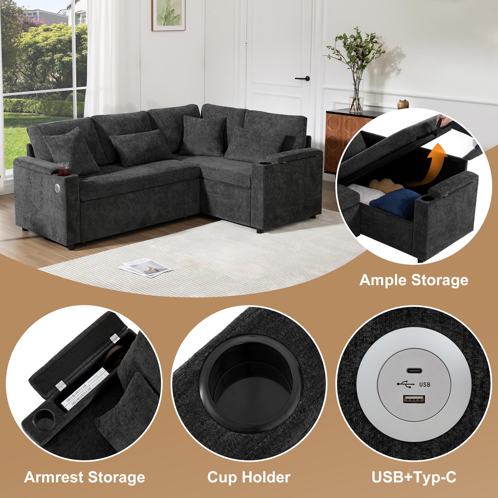 Rozkładana sofa narożna w kształcie litery L - ze schowkiem - z uchwytem na kubek - portem ładowania USB - z poduszkami - szara - 5