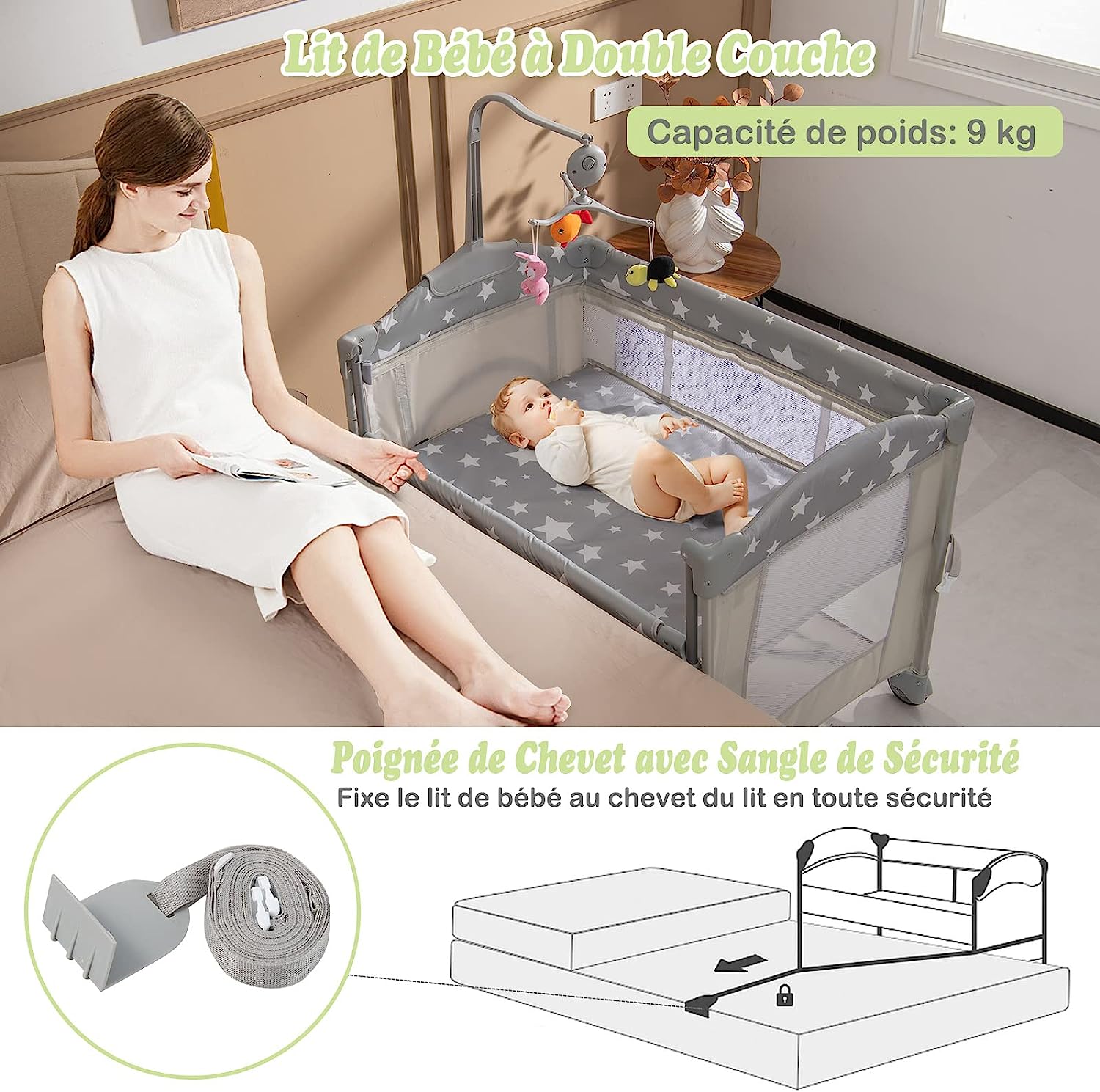 Lettino Pieghevole 5 In 1 COSTWAY Per Neonati - Con Fasciatoio, Ruote E Borsa, Grigio