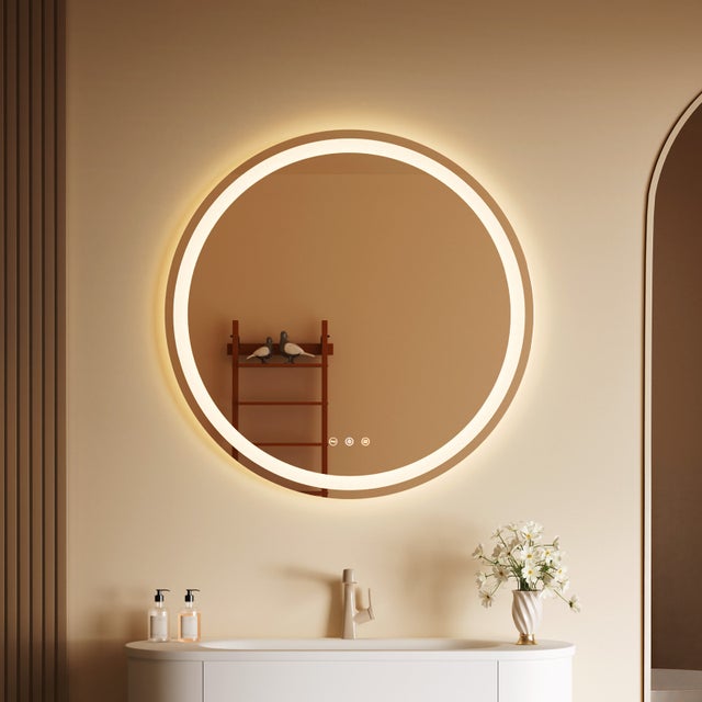 Espejo redondo para baño, espejo decorativo para dormitorio, espejo redondo antivaho con iluminación, espejo impermeable, Φ:80cm