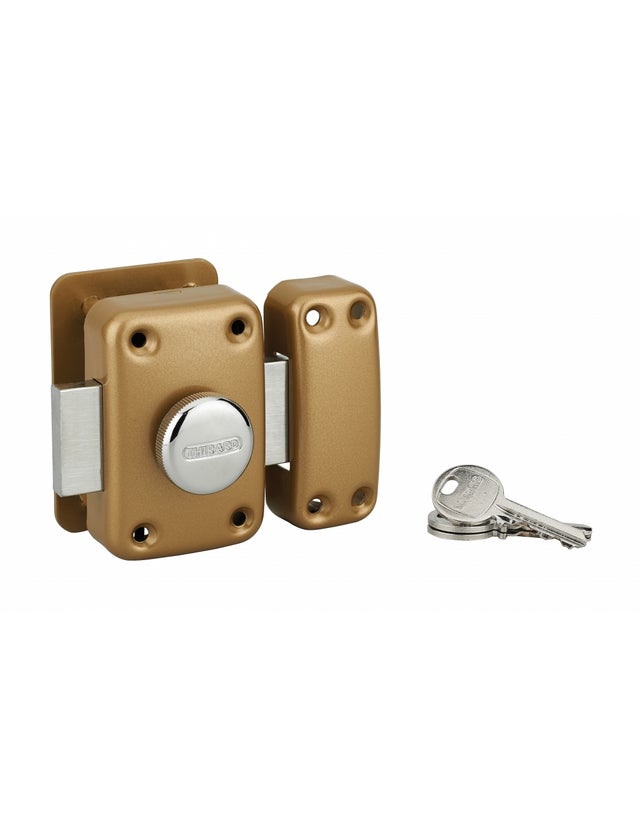 THIRARD - Verrou à bouton Apache avec plaque de renfort pour porte d'entrée, cylindre 45mm, acier, 3 clés, époxy or - THIRARD