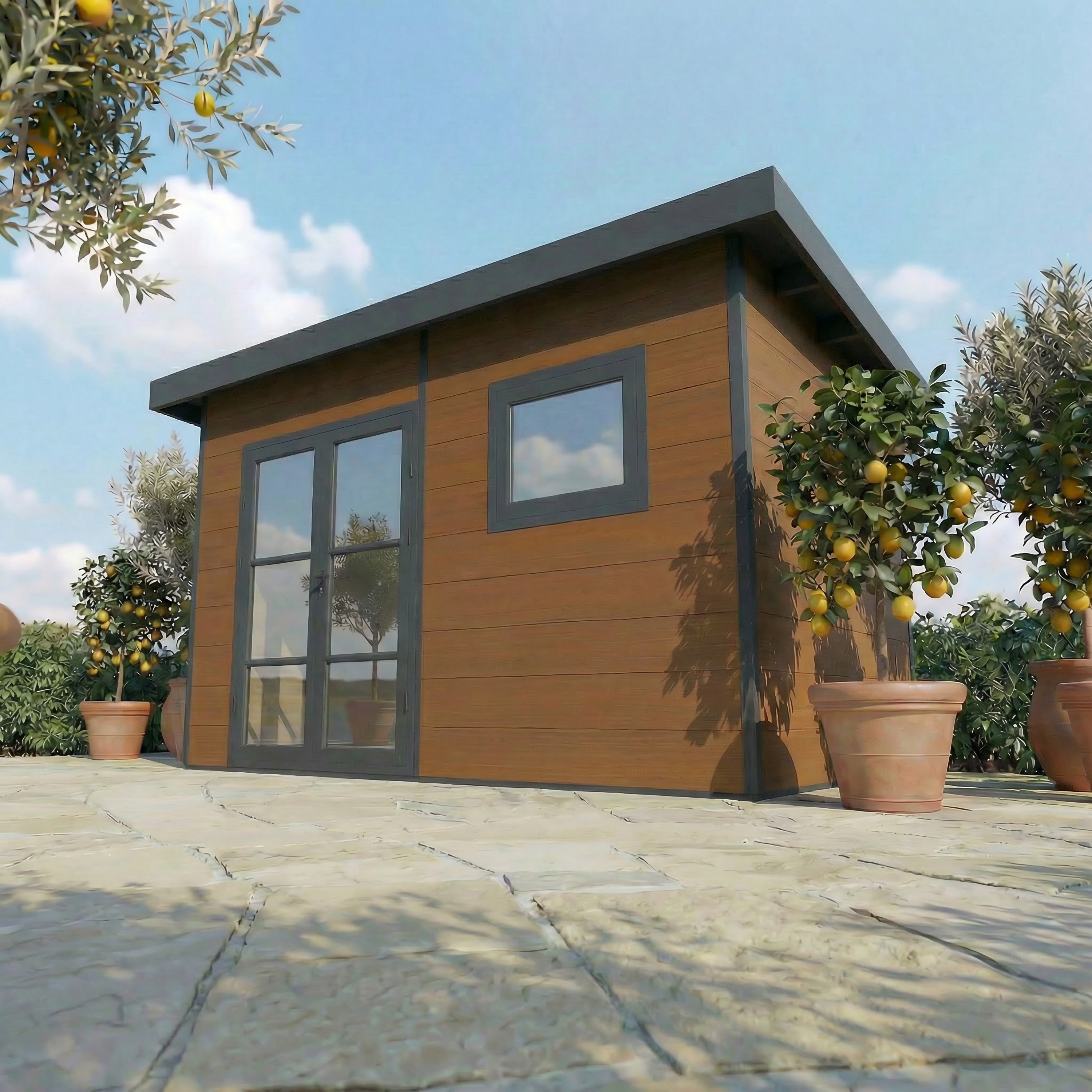 Caseta de madera composite ALMA - 15m² marrón - Grosor de lamas: 28 mm - Caseta de jardín - Rejillas de ventilación - Puerta doble - Canalón - 2