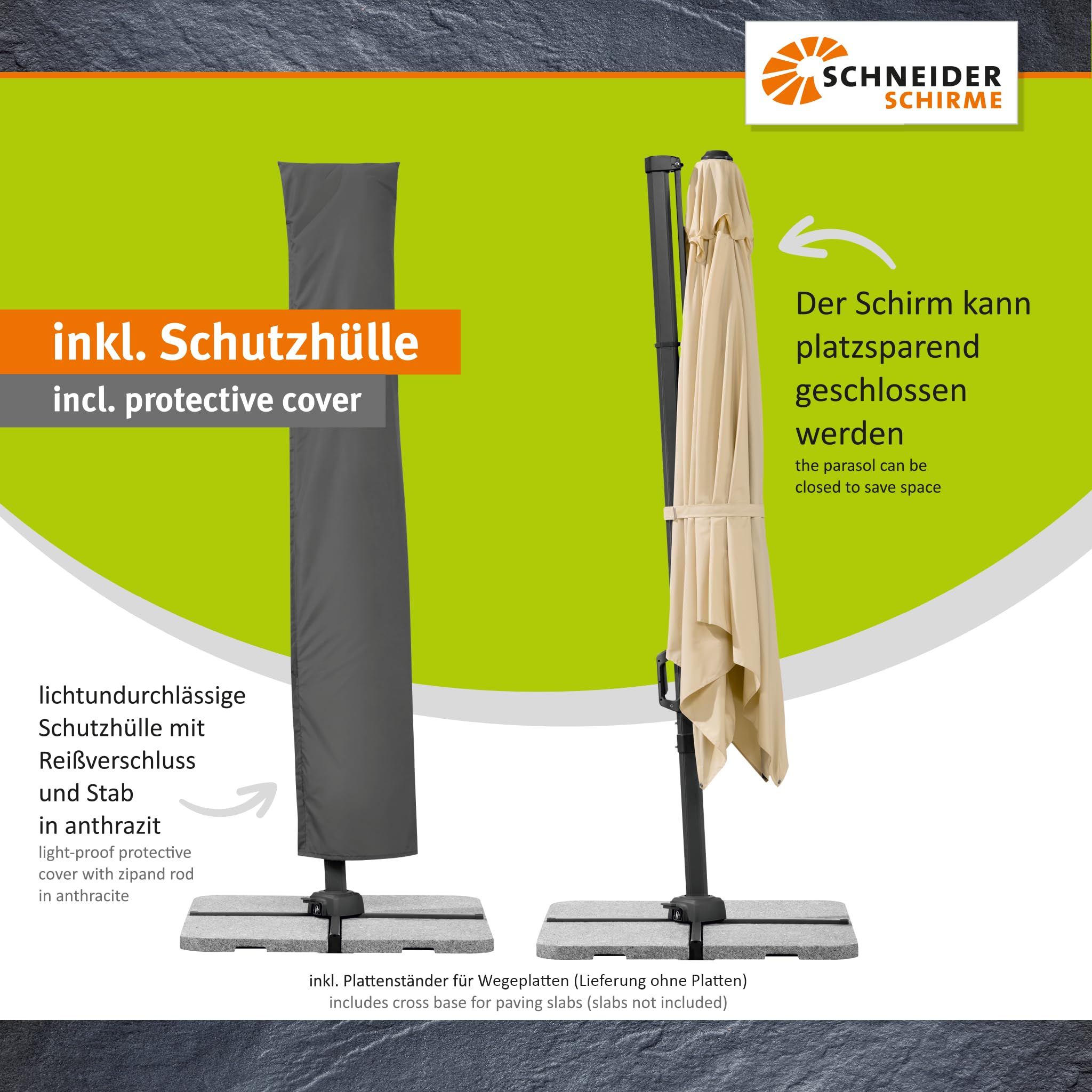Parasol déporté Schneider Vivasol naturel, 300 x 300 cm – rotatif 360°, inclinable, avec housse et support pour dalles - 4