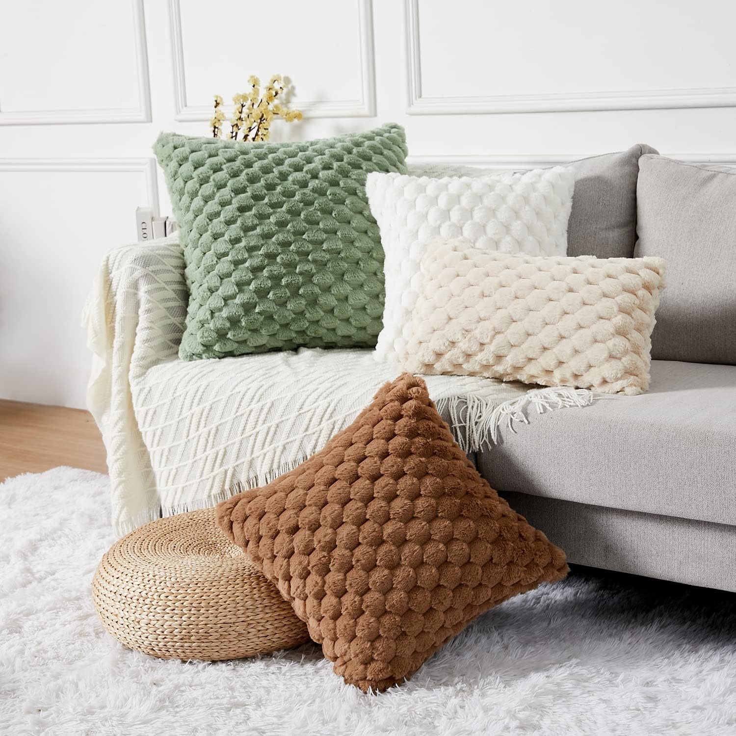 (Beige, 45x45cm) Set di 2 federe decorative in pelliccia sintetica, adatte per soggiorno, divano letto e arredamento per la casa - 3