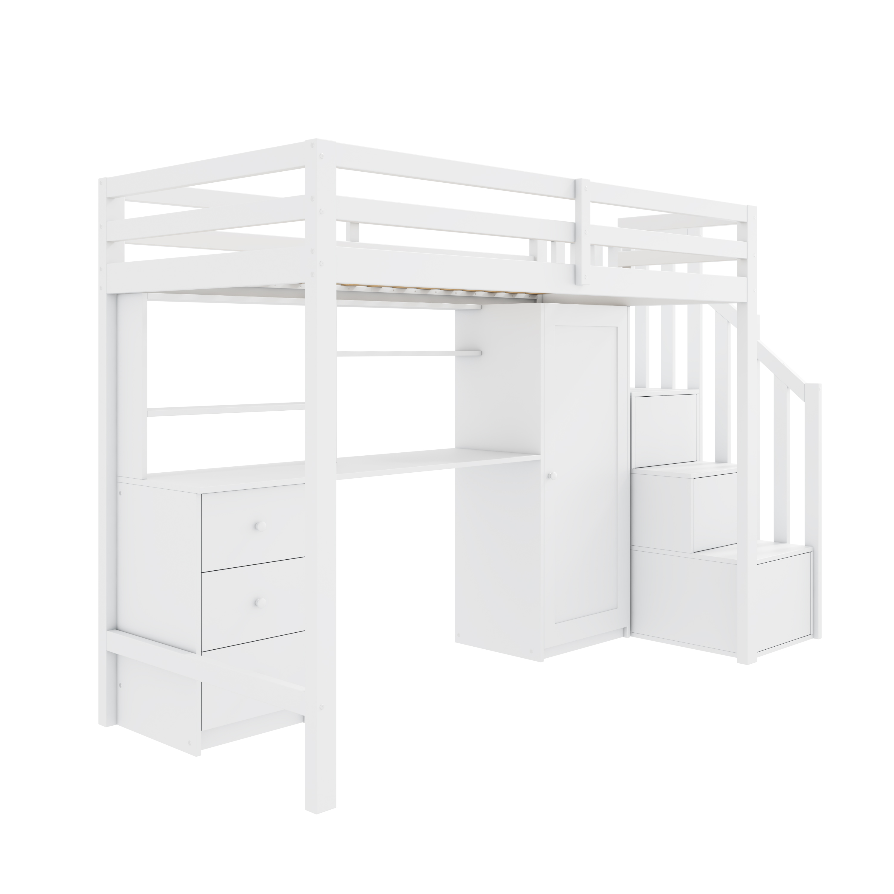 Lit superposé enfant 90 x 200 cm avec bureau, armoire et rangements, escalier sécurisé, bois massif blanc - 5