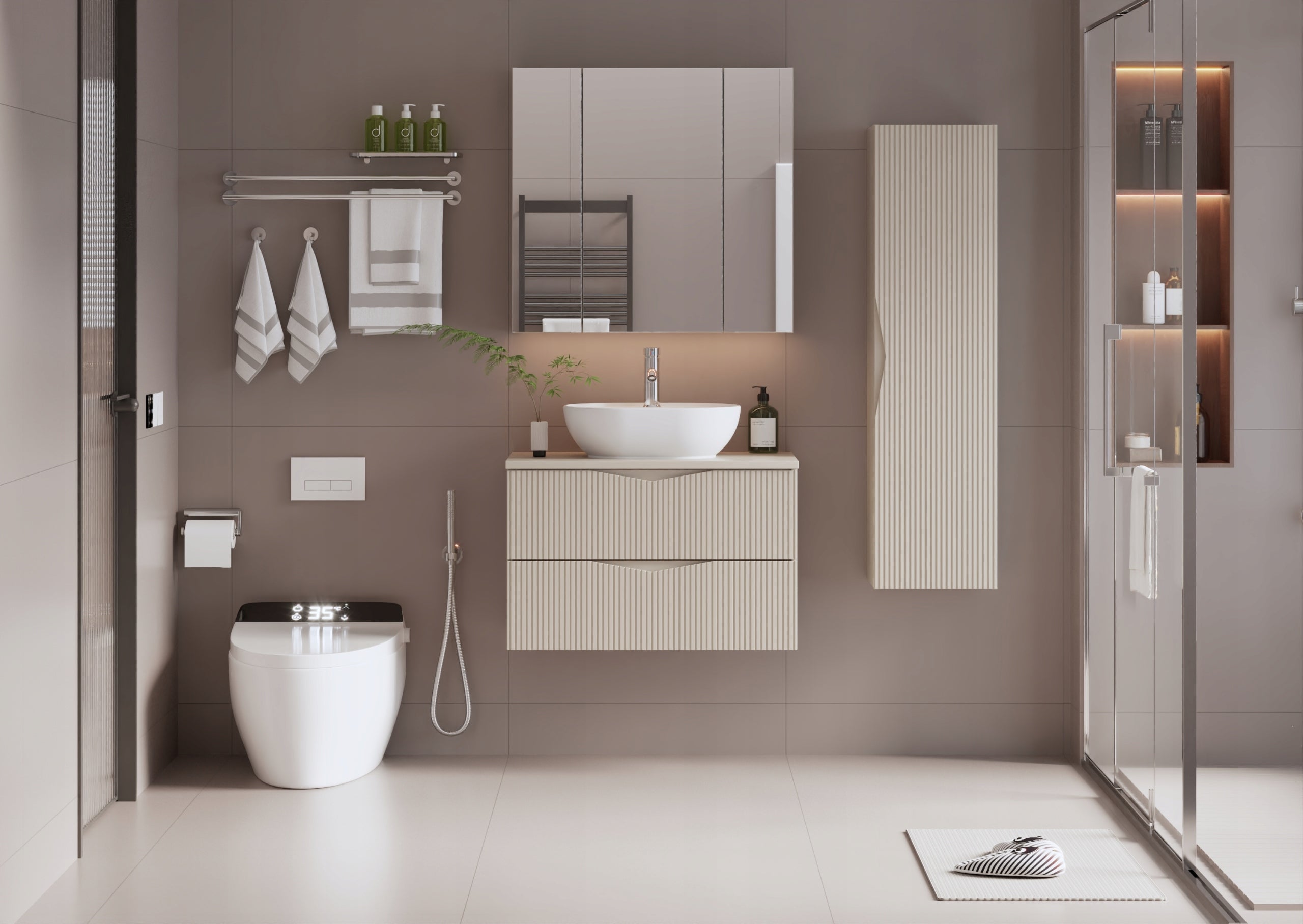 Szafka łazienkowa CLEO 80 cm beżowa wisząca ryflowane fronty MDF bez blatu - 8