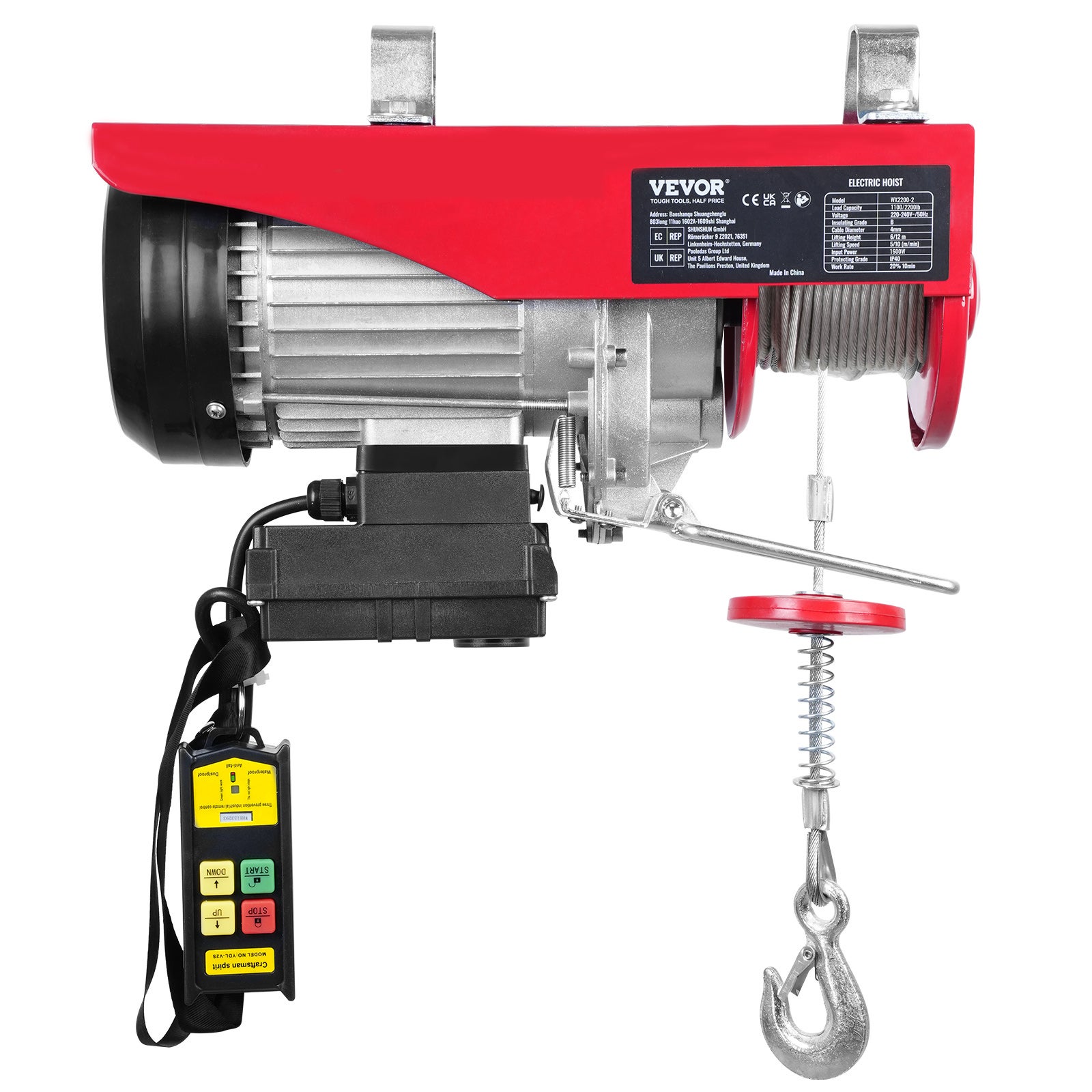 Treuil-Palan Électrique VEVOR 1000 kg 1600 W, Télécommande Sans Fil, 10 m/min, Câble 12 m, Moteur Cuivre Pur pour Garages, Entrepôts, Usines - 9