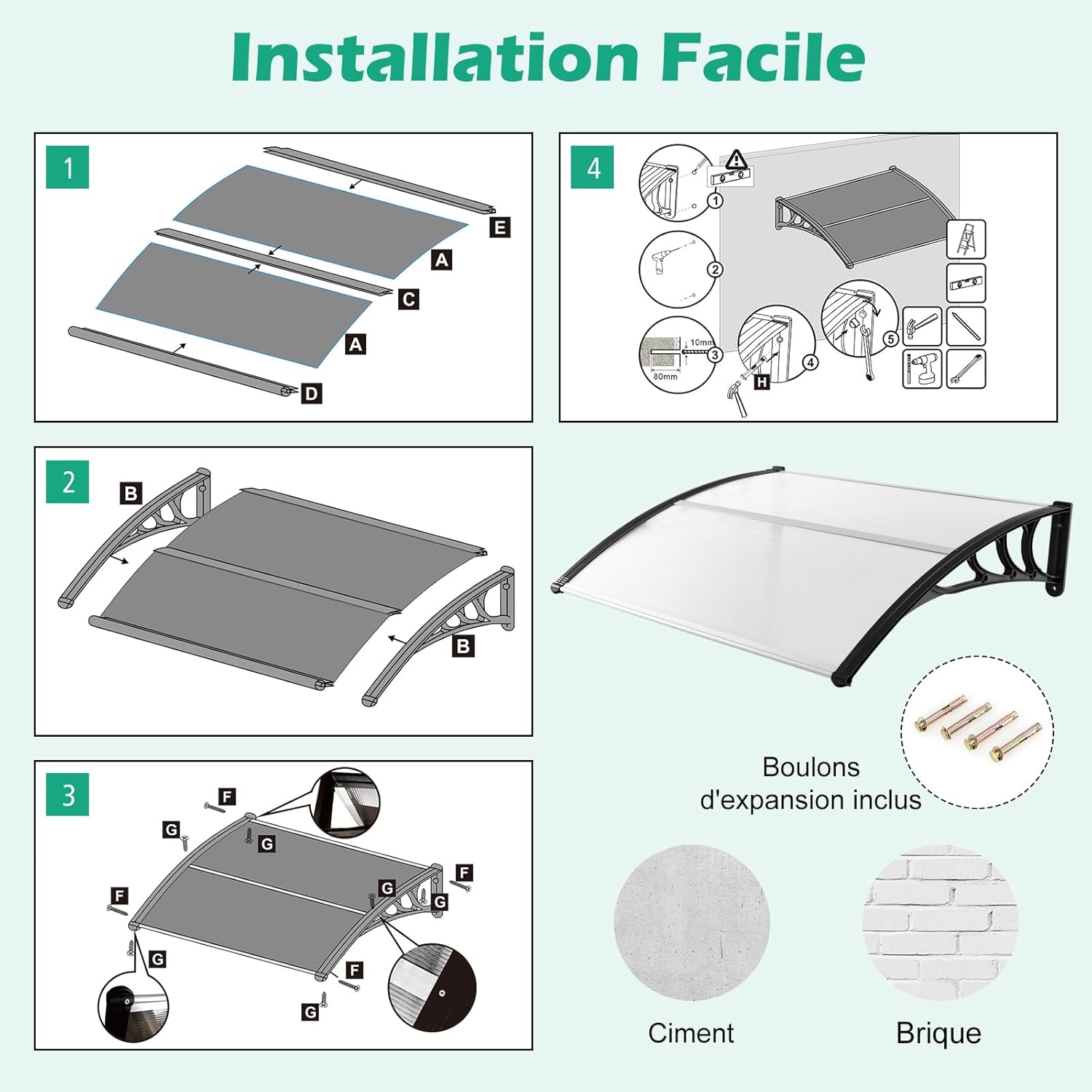 122 x 99 cm Toldo para porta de entrada Proteção solar, Toldo para porta e janela exterior Placa de policarbonato (preto) - 6