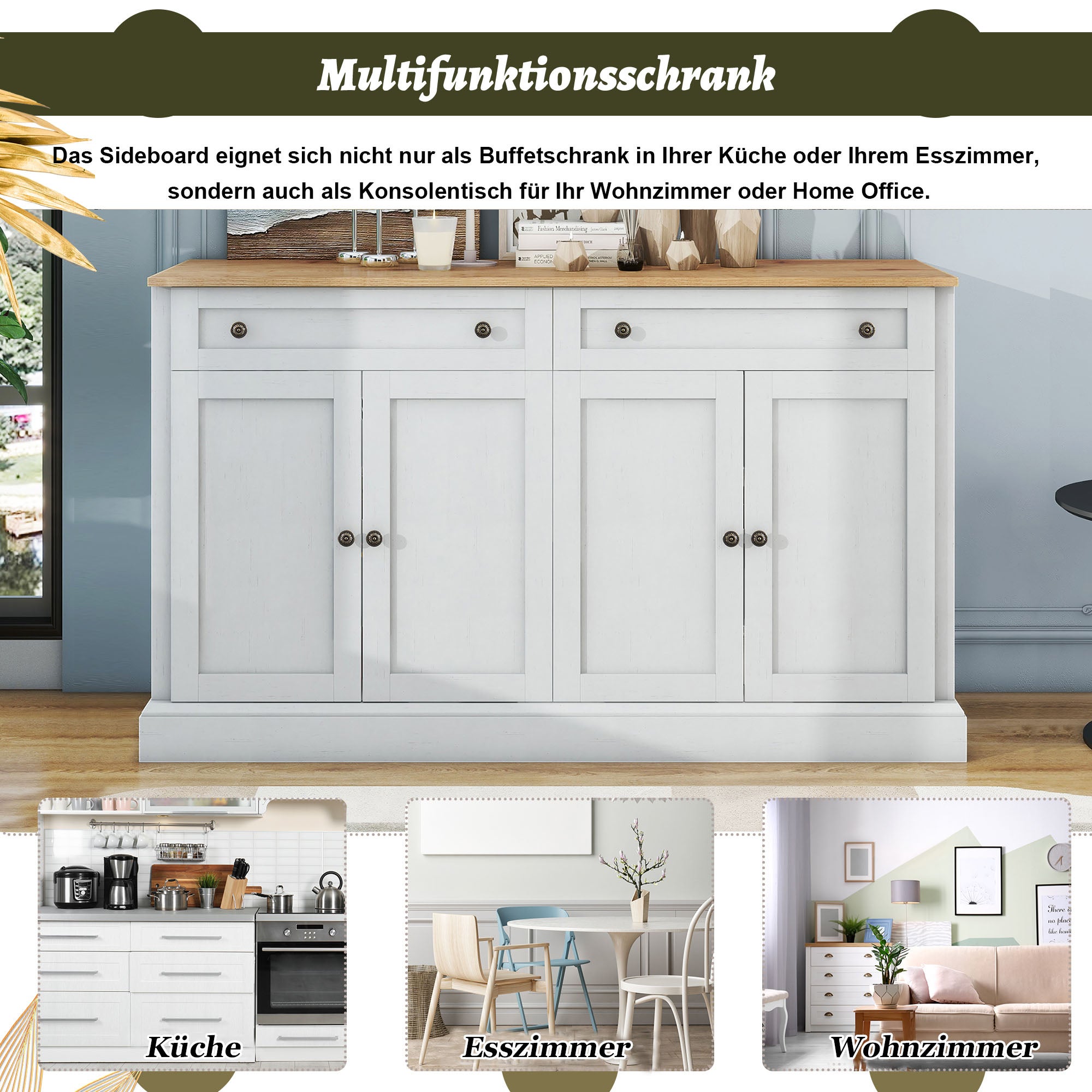 Credenza con 4 ante e 2 cassetti - legno MDF e maniglie in metallo - colore bianco - 150 x 40 x 86 cm - 5