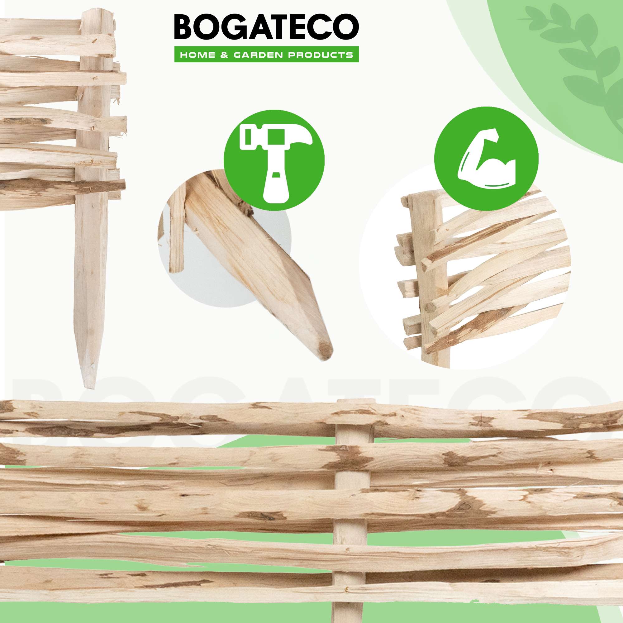 BOGATECO Lot de 3 Bordures de Jardin en Noisetier Naturel - Longueur 60 cm - Hauteur 20 cm - Clôture à Planter - Support de Parterre en Bois - 5