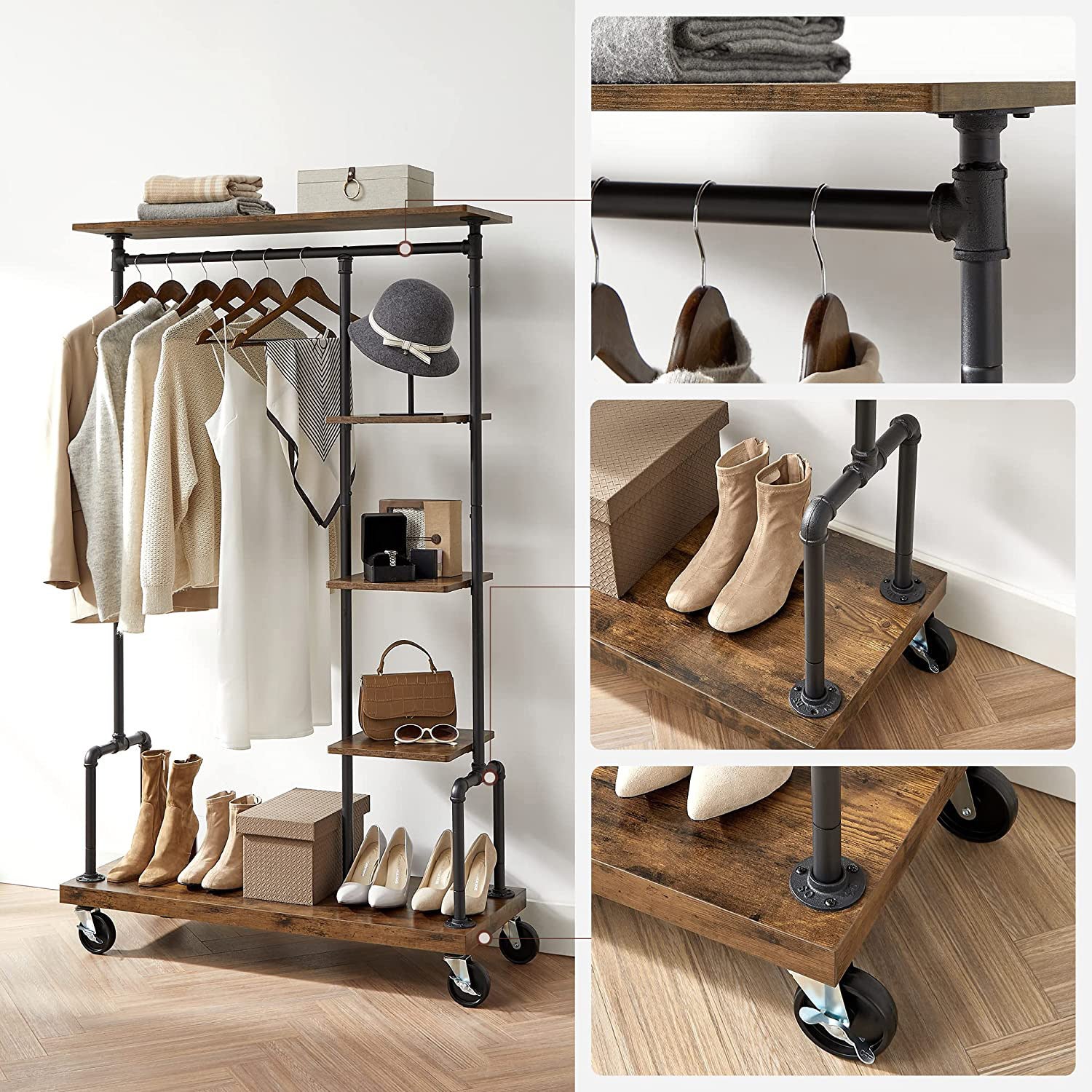 Portemanteau Mobile, Vestiaire sur roulettes, Meuble d’Entrée, Portant à Vêtements à 5 Niveaux, Structure Métallique, Marron Rustique - 7