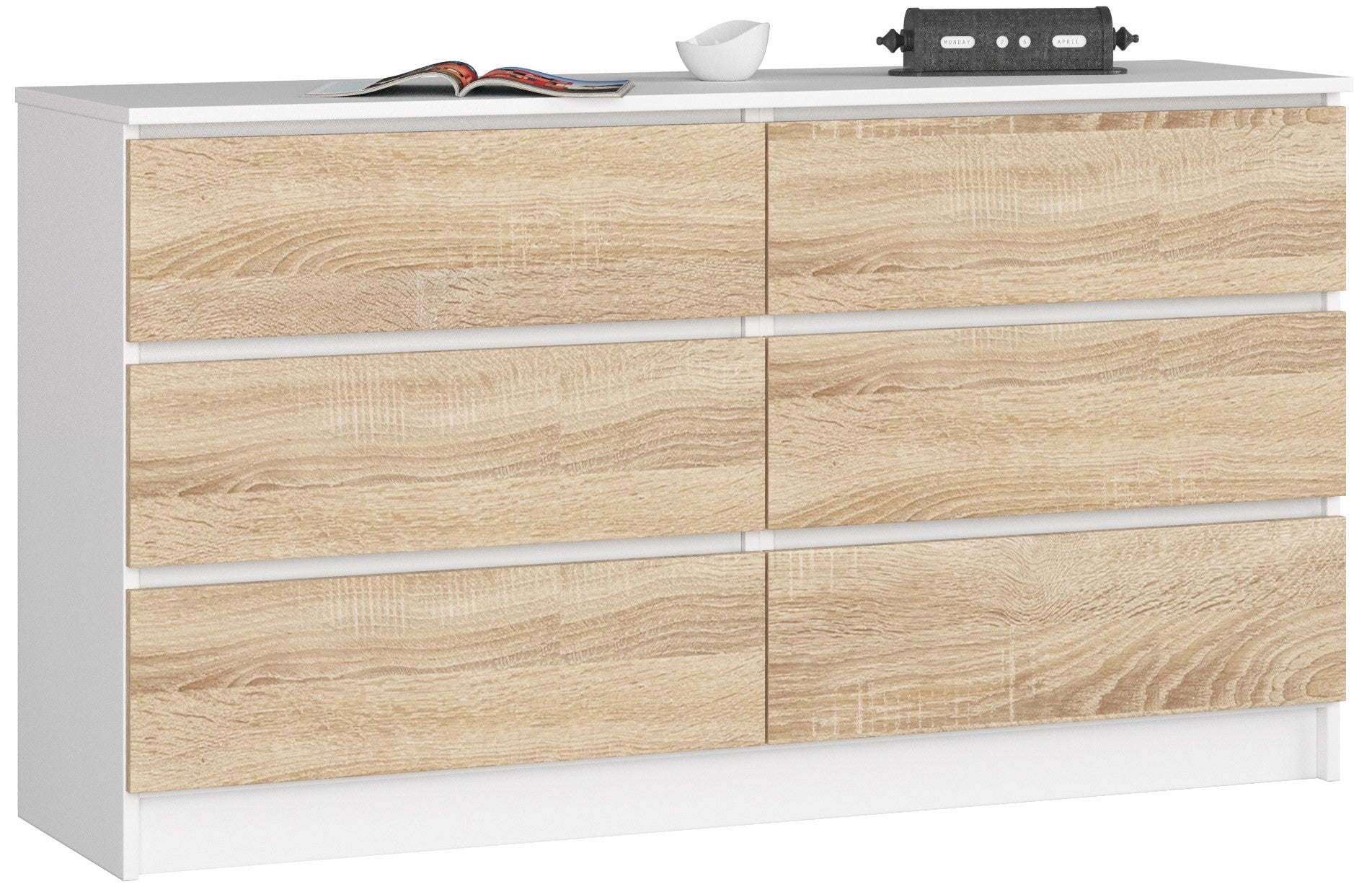 Komoda AKORD K140 Biała 138 cm 6 szuflad kolor Dąb Sonoma mat 138x40x77 cm