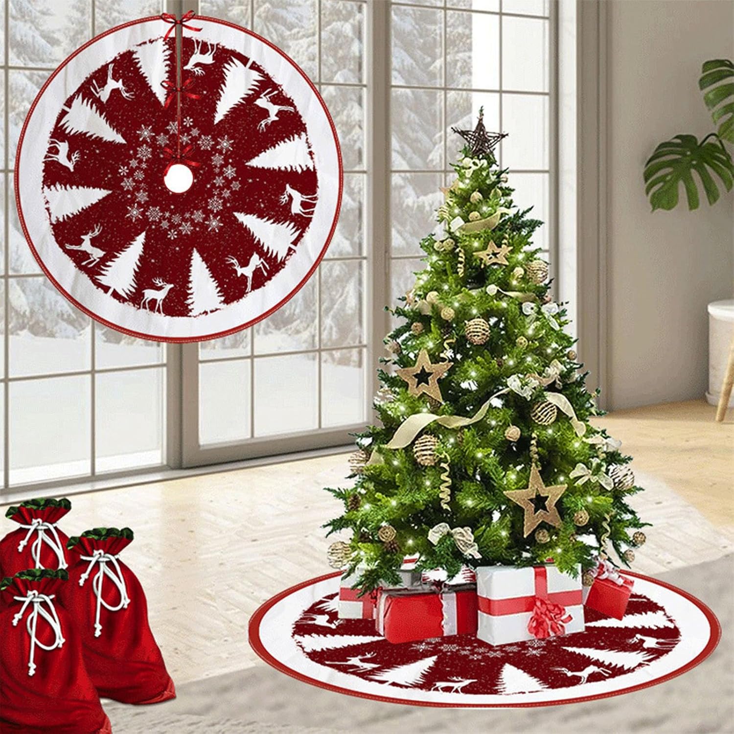 Falda para árbol de Navidad, tapete para árbol de Navidad de 90 cm con copos de nieve y Elan, rojo y blanco, para decoración interior y exterior (A) - 2