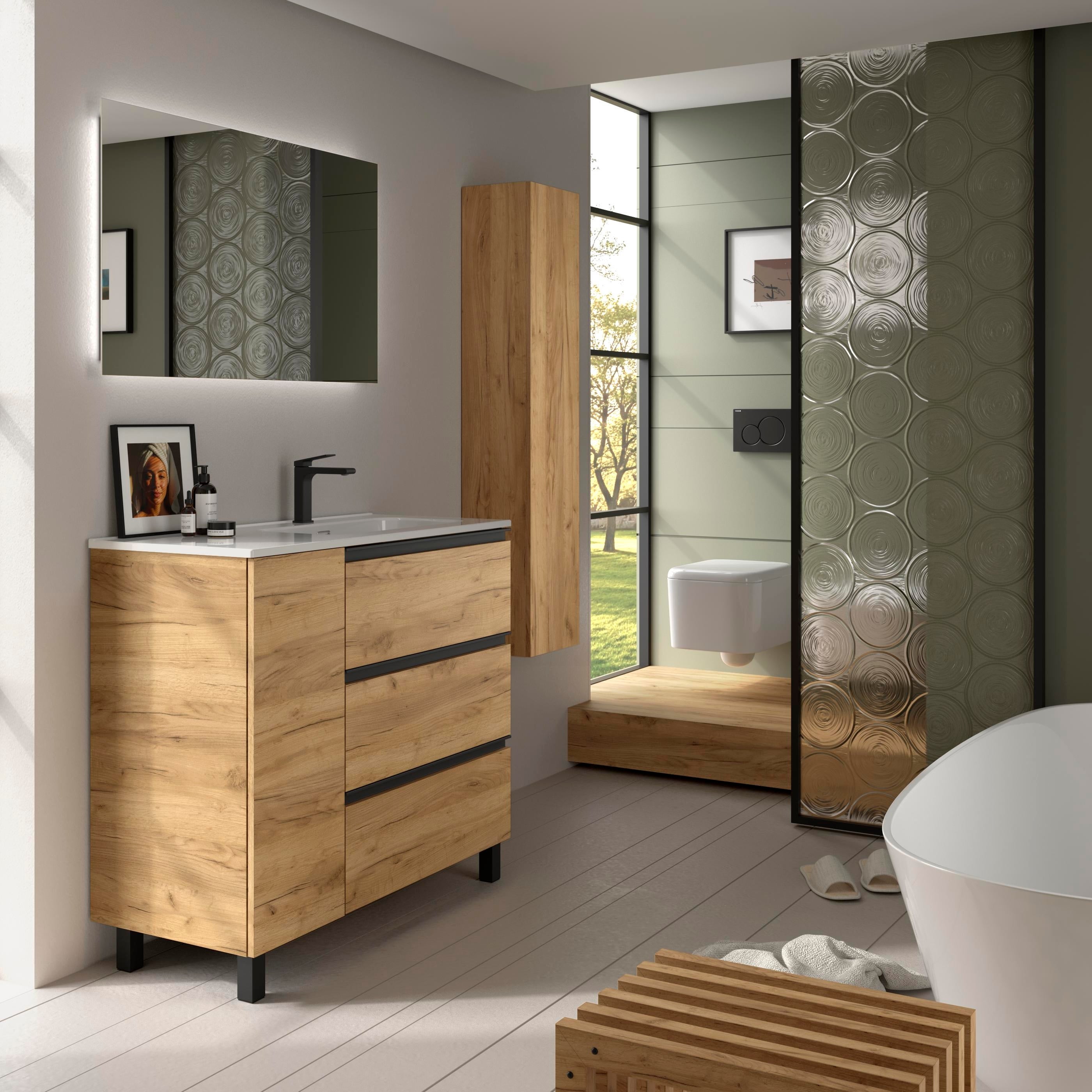 Meuble de salle de bain BEQUIA PLUS METAL 3C 90cm Chêne | Vasque Porcelaine Robinet à droite 1P - 2