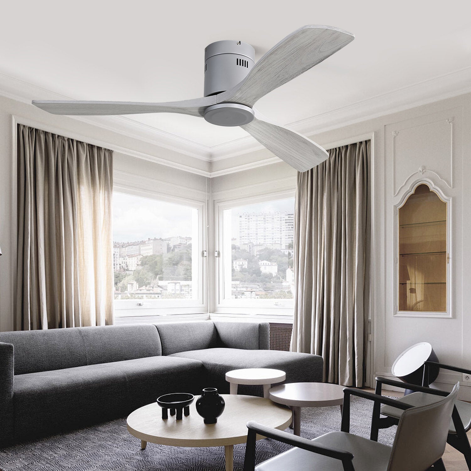 Ventilateur de Plafond 52 Pouces sans Lumière, Moteur DC Réversible à 6 Vitesses, 3 Pales en Bois Massif, Télécommande - Gris - 7