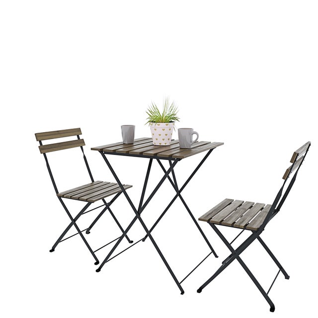 Set Bistrot 2 Sedie Con Tavolino Pieghevole Salvaspazio In Legno Di Acacia E Metallo Salottino Salotto Patio Giardino Balcone Veranda Esterno Marrone