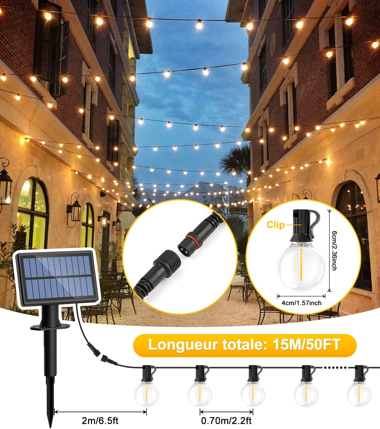 Guirlande Exterieur Lumineuse LED: 15M Guinguette 3 Modes avec G40 LED Ampoules IP65 Imperméable Lampe Extérieur Guirlandes - 4