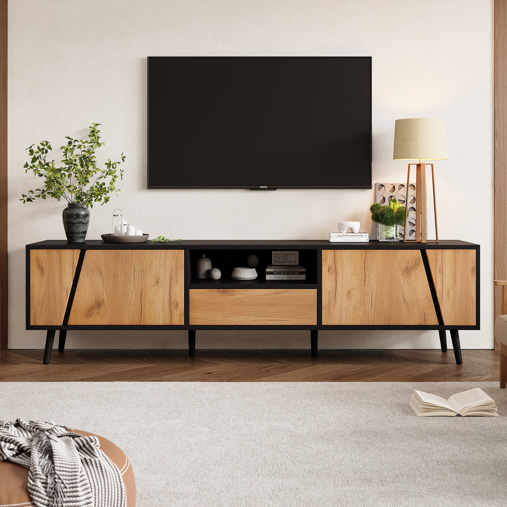 Meble pod TV 180x40x46 cm - z 1 szufladą i 2 drzwiami - pasuje do telewizora 75 cali - czarny + naturalny