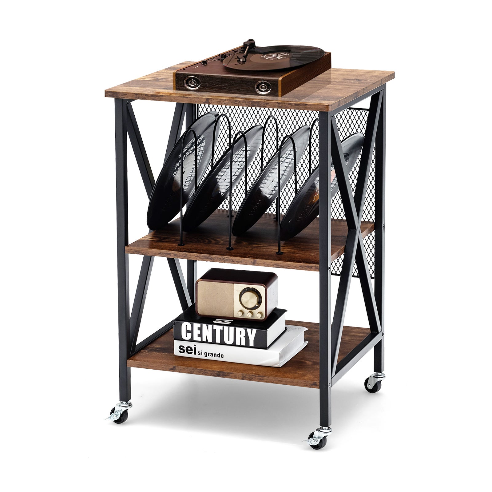 Mesa auxiliar de 3 niveles, mesillas de noche soporte de vinilo rústico con 3 divisores, estante de exhibición de acero & ruedas bloqueables para sala