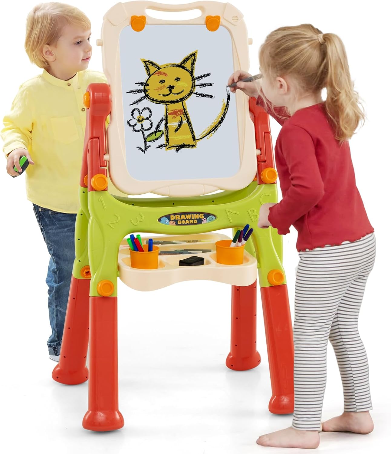 Dwustronna Tablica w Kolorze Białym/Czarnym, z Obrotową Tablicą do Malowania, Półką do Przechowywania, dla Dzieci Powyżej 3 Lat (Pomarańczowa)