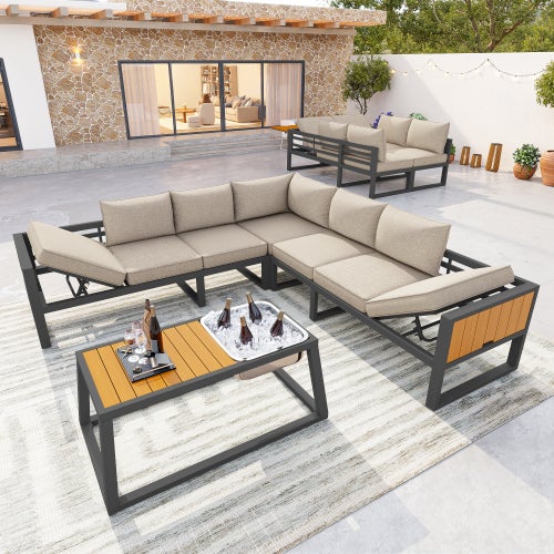 Sofá modular exterior ferro cinza, encostos/braços reclináveis, balde gelo, almofadas 10cm, jardim/varanda/piscina - 4