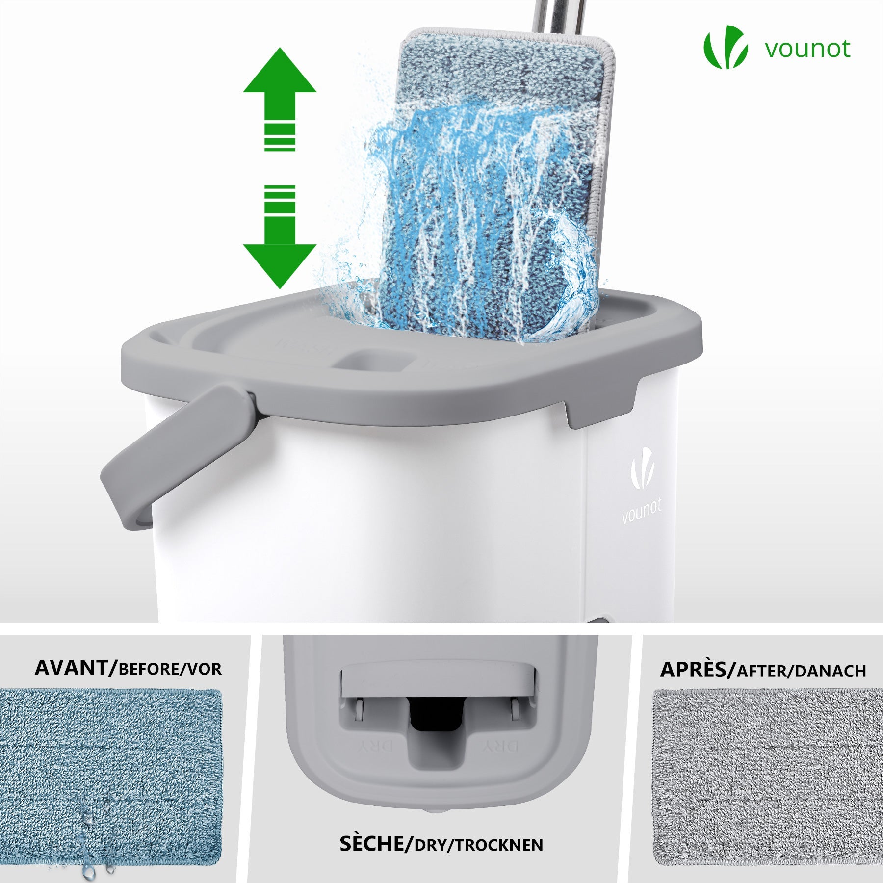 Balai plat microfibre avec seau essoreur auto-lavage double compartiment - 6 serpillères réutilisables - blanc - VOUNOT® - 3