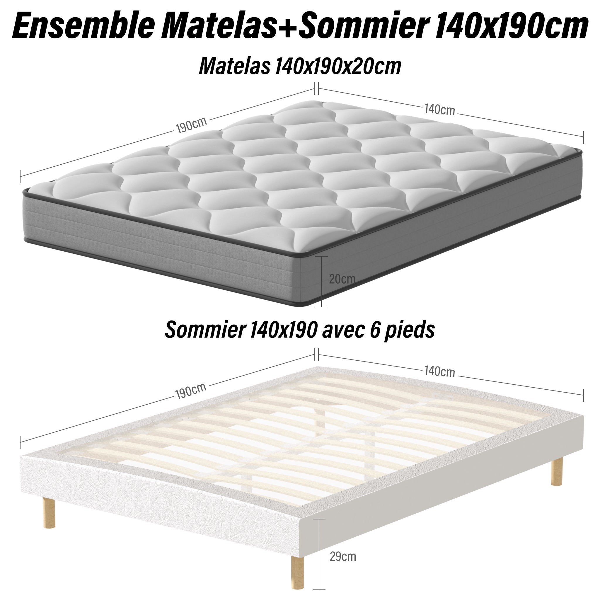 TEENO Ensemble Matelas à ressorts+ Lit Sommier Tapissier Déco 140x190cm, Epaisseur du Matelas 20cm - 2