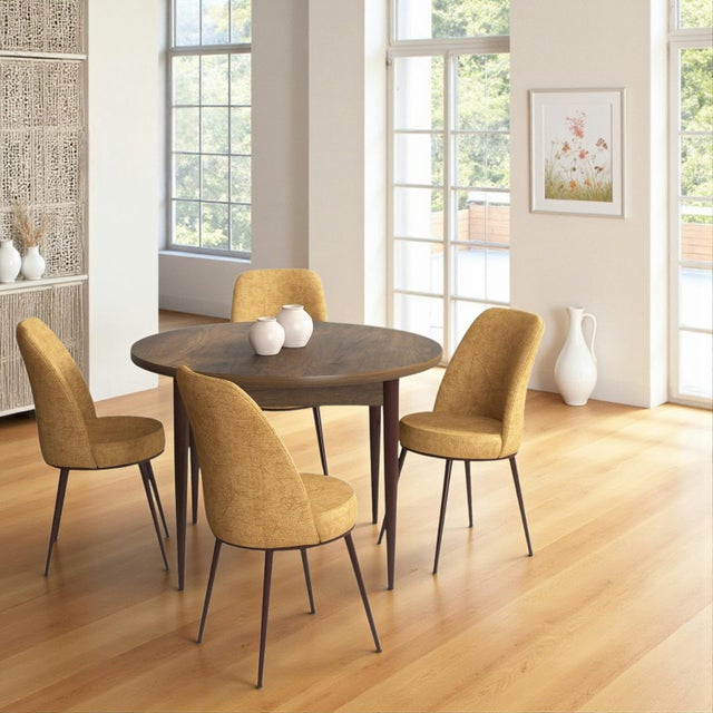 Ensemble Salle à Manger 5 Pièces - Table Ronde Bois + 4 Chaises Orange Similicuir - Pour Cuisine, Petit Espace, Appartement