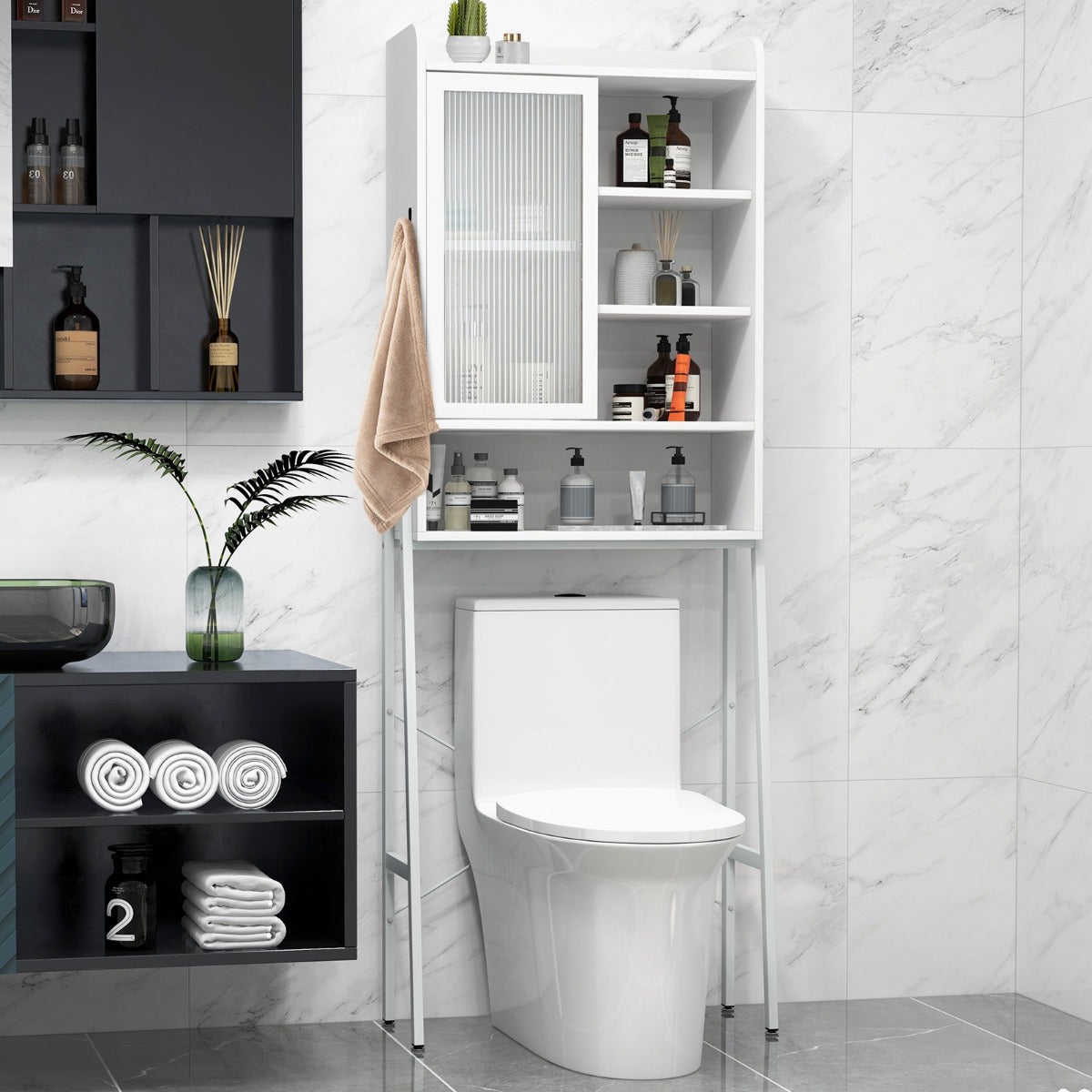 Mueble baño sobre inodoro puerta acrílica corredera estantes regulables 63x29x170cm blanco