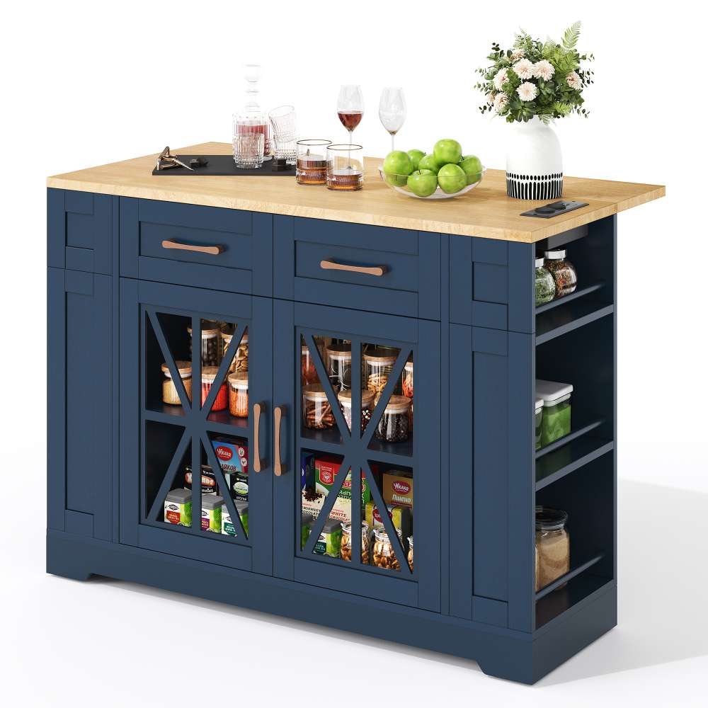 Isla cocina móvil 120 cm, mesa abatible, enchufes ac+usb, vitrinas, 6 estantes, ruedas frenables