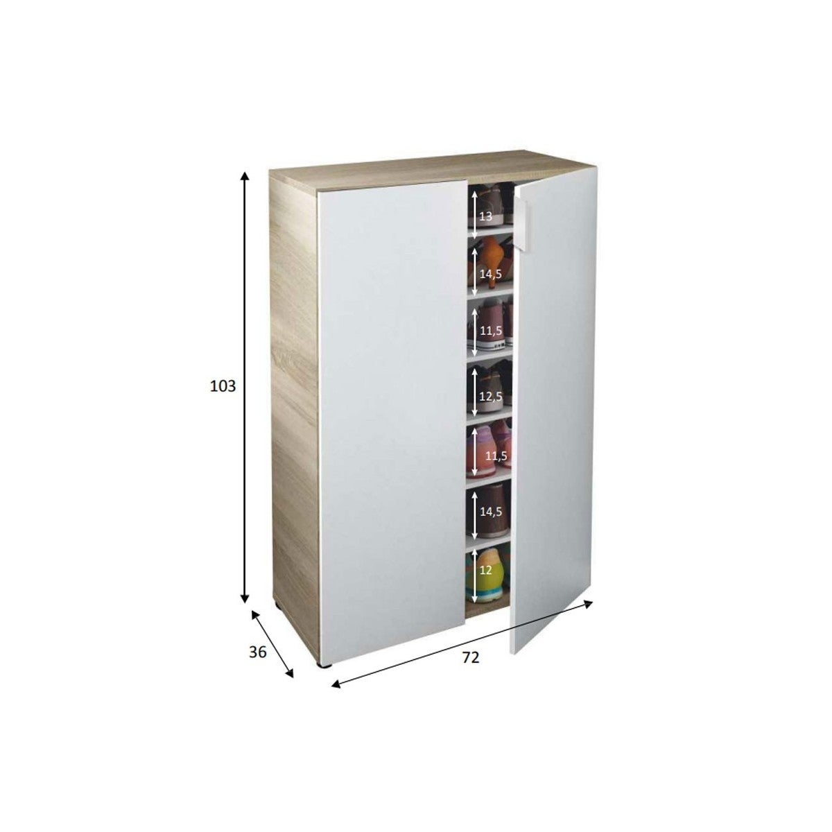 Scarpiera 2 Ante 72x36x103 cm Rovere Bianco Artik con 6 Ripiani - 2