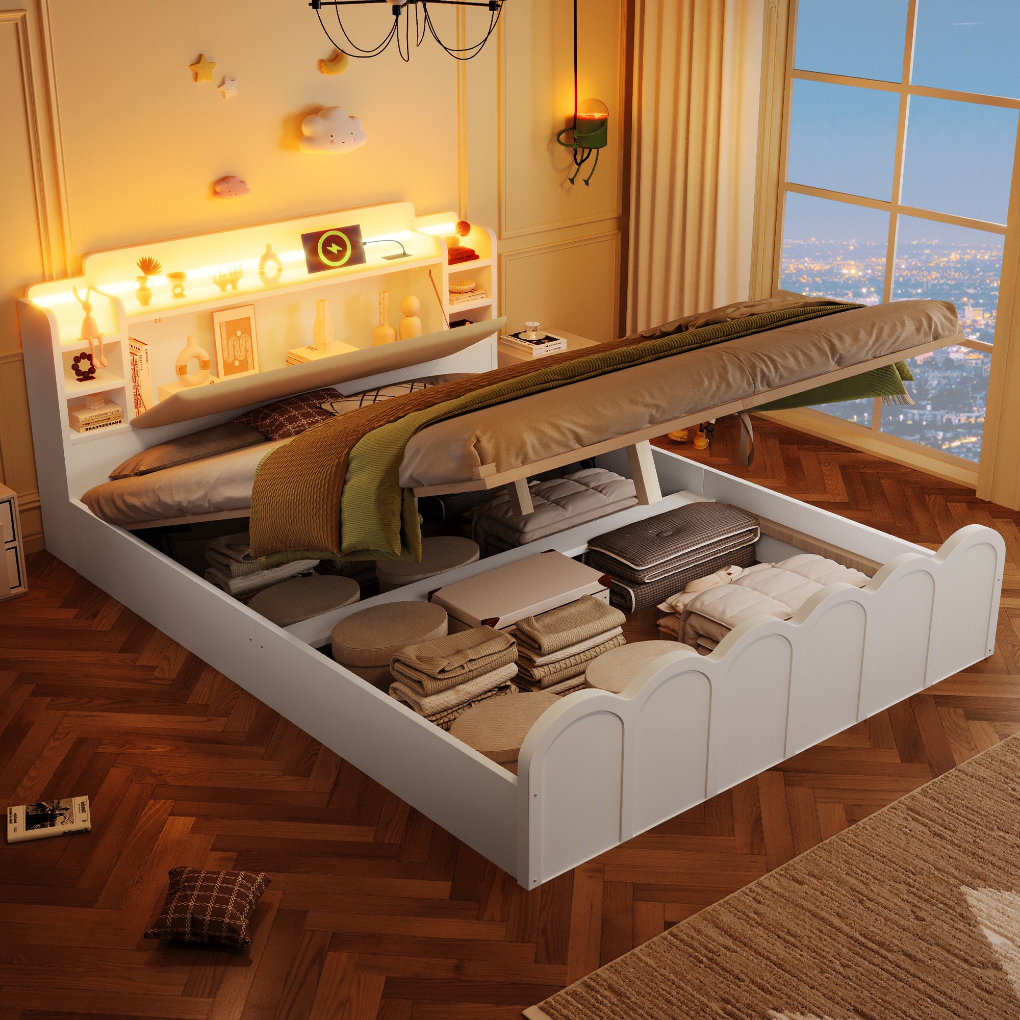 Łóżko z pojemnikiem 140 x 200 cm, zagłówkiem i przegródkami – sosna + płyta MDF + sklejka + poliuretan – diody LED i porty USB + typu C – białe