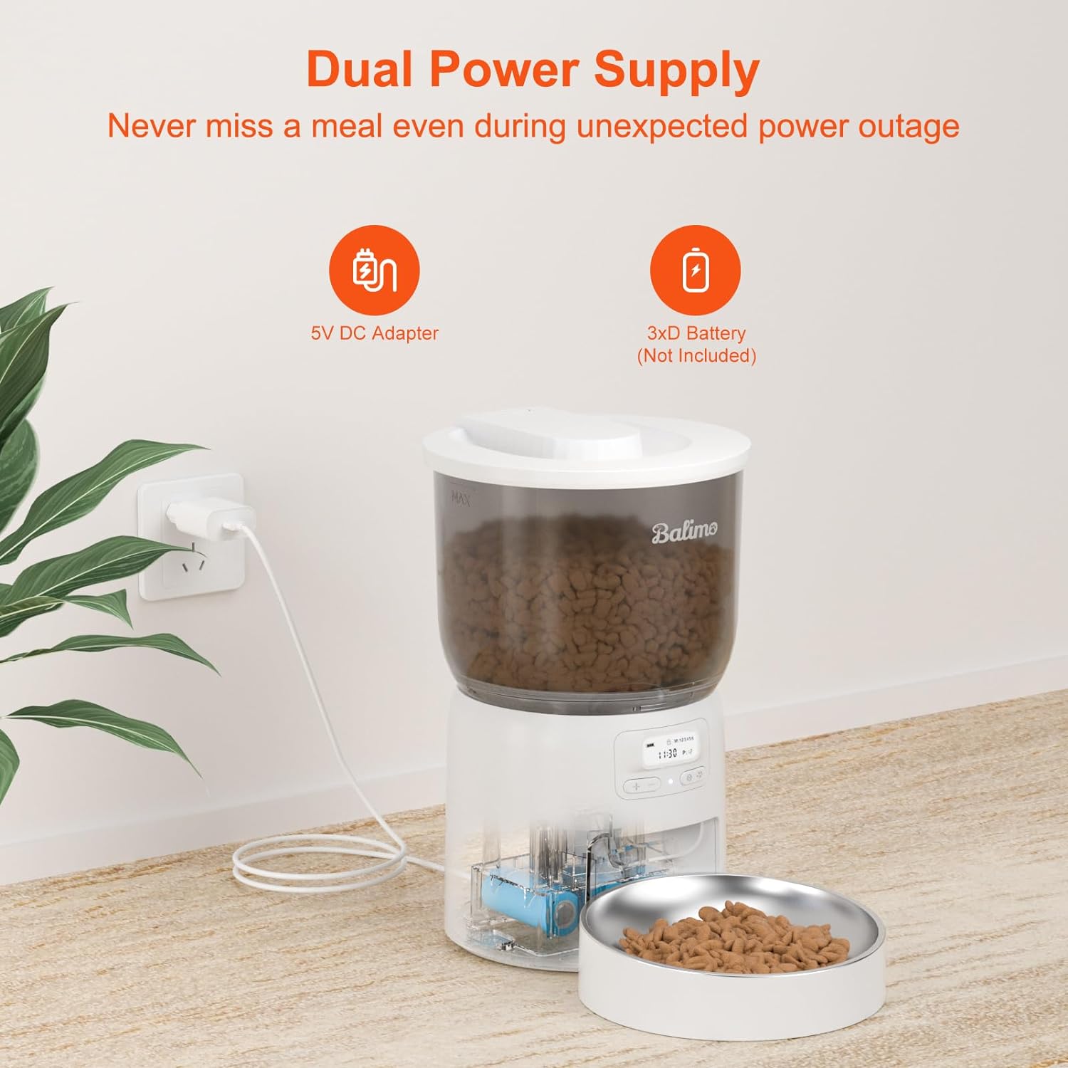 BalimoPet 3L Distributeur de Croquettes Blanc pour Chat/Chien, ,Minuterie Programmable/Fonction Enregistrement,avec Bol en Inox,Jusqu'à 6 Repas/Jour - 2